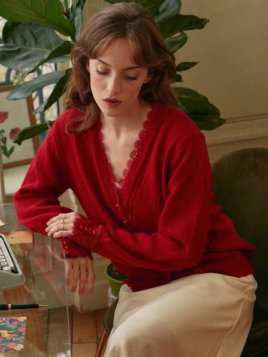 Simple Retro Lace Trim Button Front Cardigan