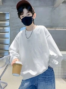 Tween Boy Bear & Letter Graphic Drop Shoulder Sweatshirt - White - View 2