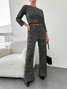 RueChic Marled Knit Crop Tee & Flare Leg Pants - Dark Grey - View 4