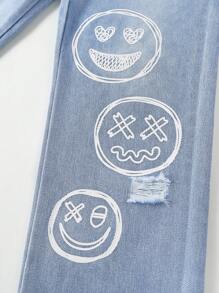 SHEIN Explorewe 女大童卡通圖案直筒牛仔褲 - 淺色水洗藍 - 查看 6