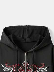 ROMWE Grunge Punk Sudadera con capucha con cremallera, cordón y aplicaciones de cruz y alas con rhinestones - Negro - Ver 3