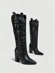 Ladies' Thickened Winter Warm Fashionable Western Boots With Embroidery And Pointed Toe Design - Black - View 5