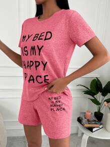 RueChic Slogan Graphic Tee & Shorts PJ Set - Pink - View 3