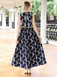 Floral Print Sleeveless Party Dress Without Belt Elegant Formal Evening Prom Wedding Guest Gown, For Graduation, Dinner