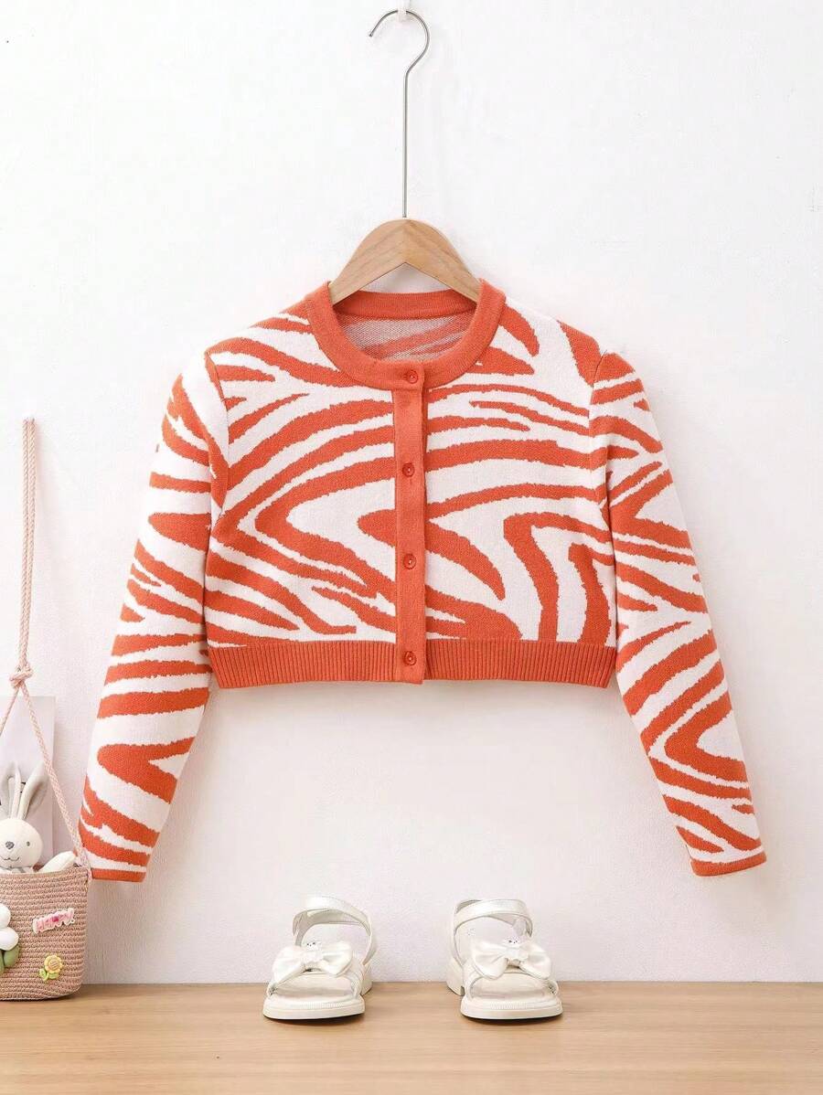 SHEIN Áo len Con gái Nút phía trước Sọc ngựa vằn Giải trí - Nhiều màu - Xem 1