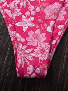 Floral Bikini Set Knot Bandeau Bra & High Waisted Bottom 2 Pieces Bathing Suit, For Summer Beach Vacation - Pink - View 4