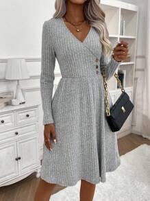 SHEIN Clasi Vestido línea A unicolor con diseño de botón - Gris - Ver 4