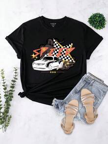 SHEIN EZwear 大碼車和棋盤格印花T恤 - 黑色 - 查看 3