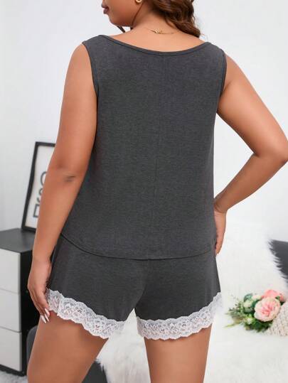 Plus Contrast Lace Tank Top & Shorts PJ Set / Pajama Set