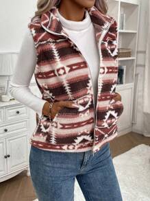 EMERY ROSE Geo Pattern Zip Up Teddy Vest Jacket - Multicolor - View 6
