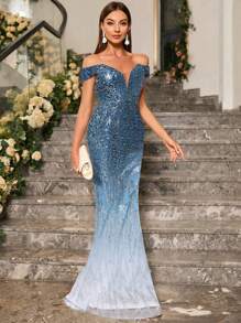 UNITHORSE 露肩美人鱼下摆亮片礼服优雅舞会晚会婚礼宾客礼服，适合毕业典礼、晚宴派对礼服、新娘礼服、生日女士服装 - 藍色 - 查看 5