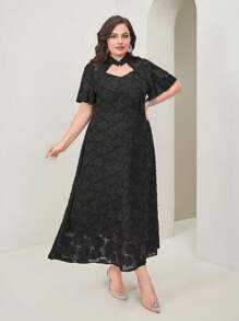 Modelyn Plus Choker Neck Raglan Sleeve Jacquard Dress - Black - View 3