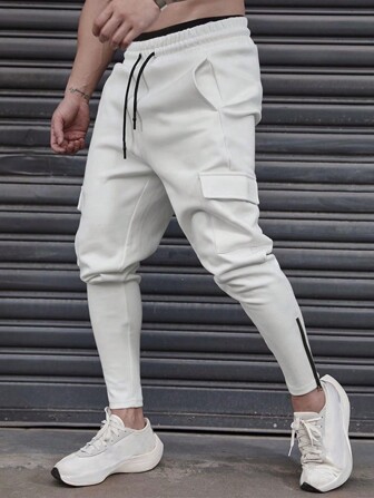 Manfinity Roughcore 男士翻蓋口袋系帶腰運動長褲，白色貨到付款休閒純色捷克運動