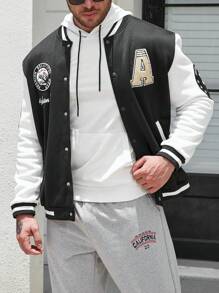 Manfinity Homme Men Plus Letter Graphic Striped Trim Varsity Jacket Without Hoodie - Black and White - View 4