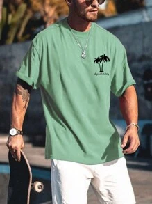 Manfinity RSRT 男士熱帶和標語圖案T恤 - 綠色 - 查看 1