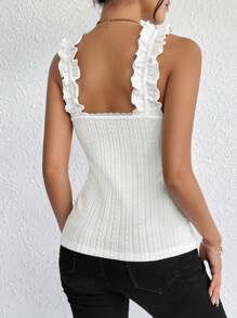 SHEIN Frenchy Solid Frill Trim Wide Strap Top - White - View 2