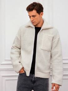 SHEIN Cottnline Men 1pc Zip Up Drop Shoulder Teddy Jacket - White - View 1