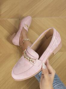 Zapatos Mocasines De Piel Rosa De Moda Para Mujer Con Decoración De Cadena De Metal, Tacón Plano, Estilo Universitario, Otoño - Rosa - Ver 1