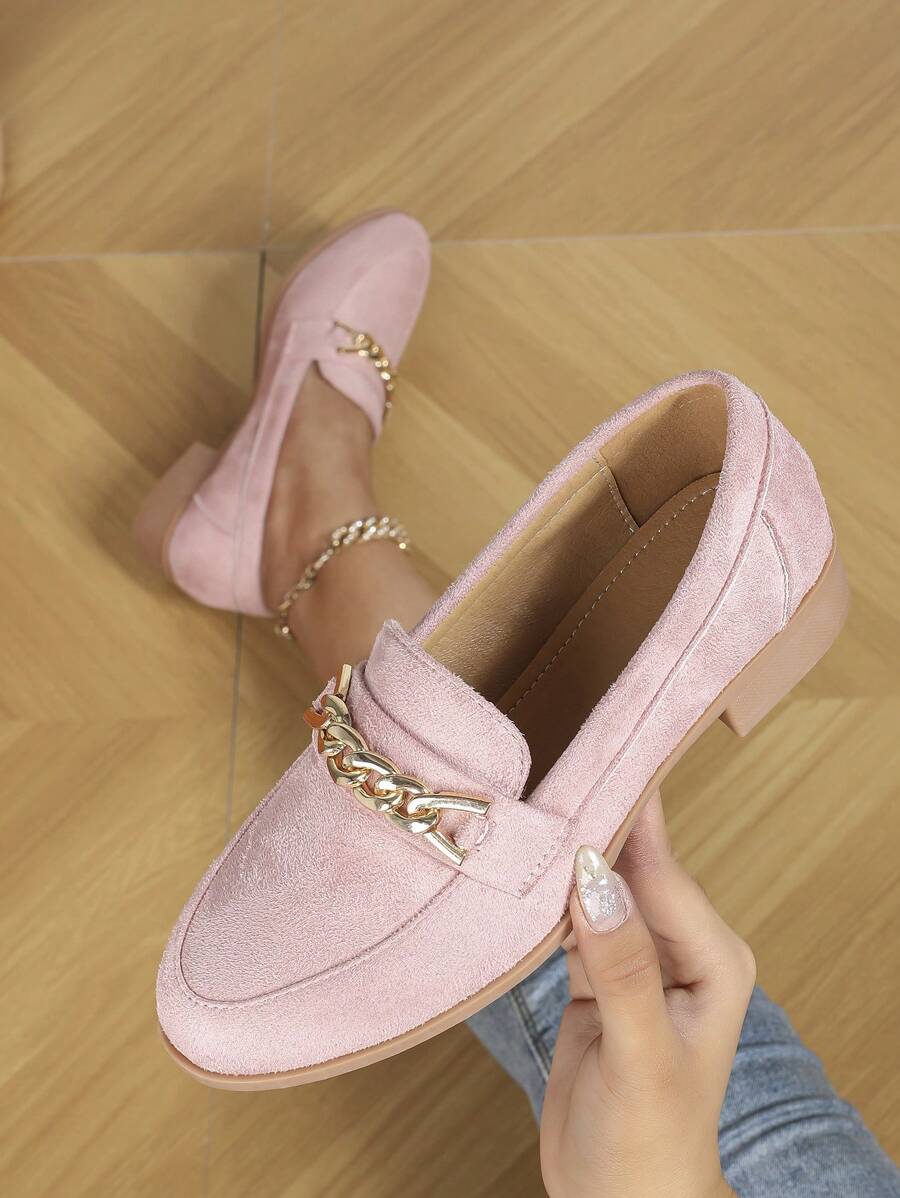 Zapatos Mocasines De Piel Rosa De Moda Para Mujer Con Decoración De Cadena De Metal, Tacón Plano, Estilo Universitario, Otoño - Rosa - Ver 1