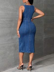 SHEIN SXY 休閒口袋 拉鍊 開衩純色女士牛仔連衣裙 - 深色水洗藍 - 查看 2