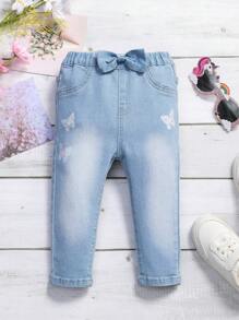 Baby Girl Butterfly Print Bow Front Jeans - Light Wash - View 1