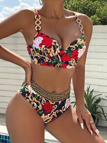 Swim Lushoire Swim Suits For Women Summer Beach Floral Print Chain Linked Push Up Bikini Set - Multicolor - View 4