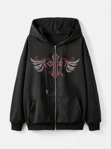 ROMWE Grunge Punk Sudadera con capucha con cremallera, cordón y aplicaciones de cruz y alas con rhinestones - Negro - Ver 1