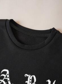 SHEIN EZwear 標語圖案加絨內裏運動衫&運動短褲和運動褲 - 黑色 - 查看 3