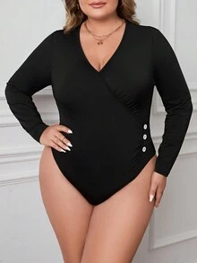 SHEIN LUNE Hơn Chi tiết Nút Slim Fit Tee Bodysuit - màu đen - Xem 3