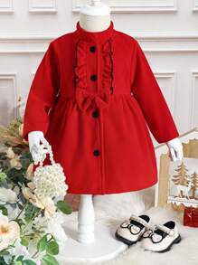 Baby Girl Ruffle Trim Bow Front Coat - Red - View 1