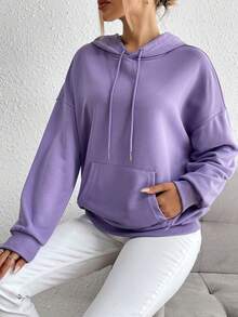 SHEIN EZwear 標語圖案落肩袖抽繩連帽衫 - 紫色 - 查看 4