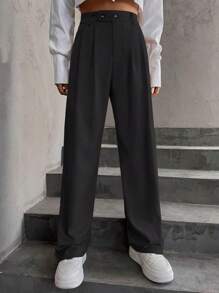 SHEIN Unity 女式纯色褶皱休闲时尚裤 - 黑色 - 查看 4