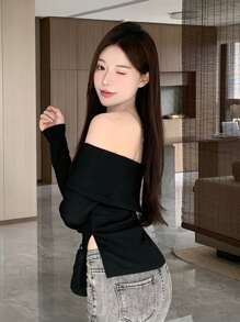 DAZY Top a maniche lunghe con spalle scoperte, orlo spaccato, tinta unita