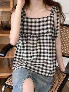 复古格子宽松系带女式背心，夏季休闲款 - 黑與白 - 查看 7