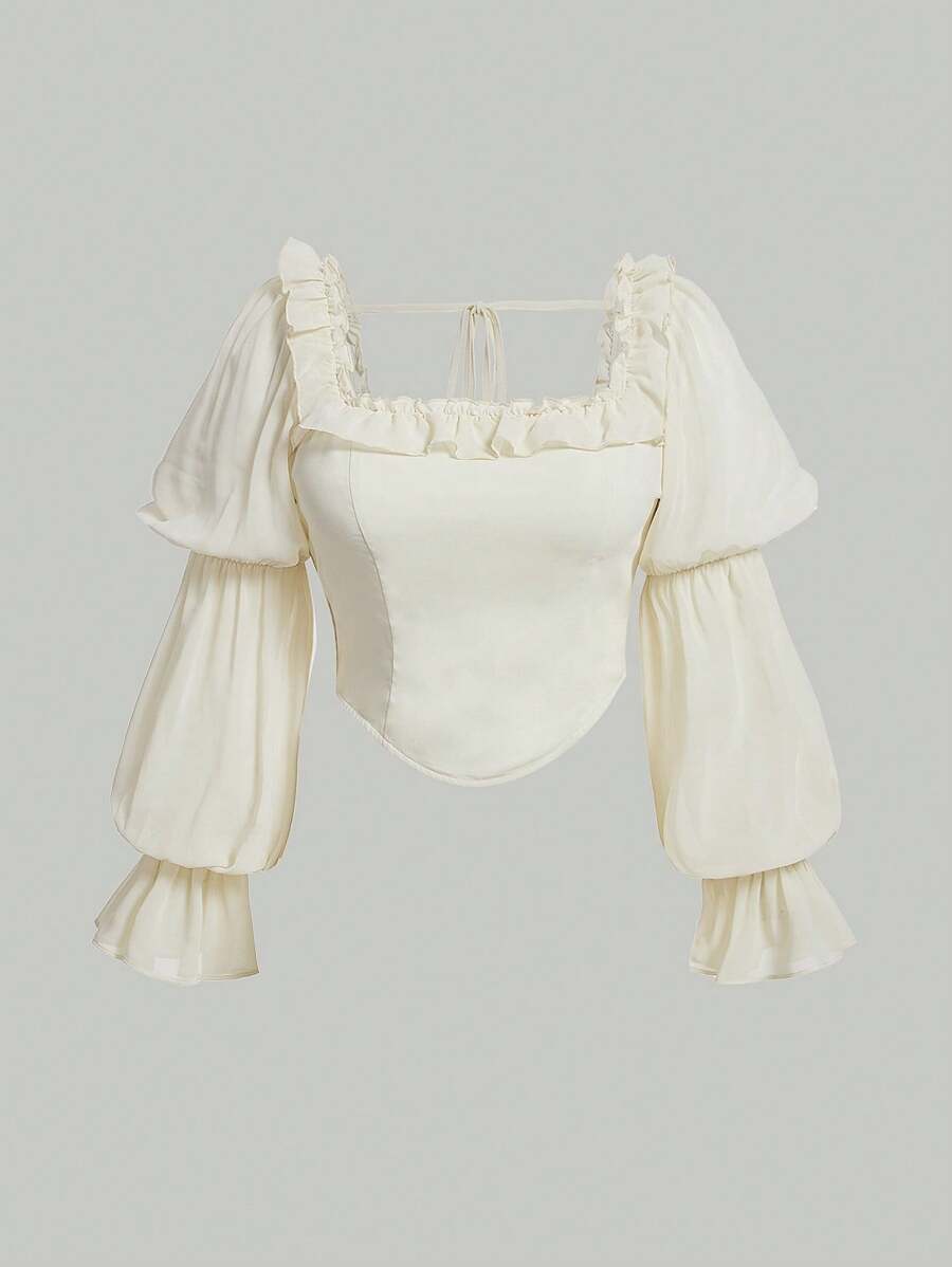 SHEIN MOD Hơn Viền Ruffle tay áo lá sen Bandana Hem Áo sơ mi Crop - Màu be - Xem 1