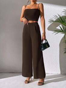 SHEIN PETITE 素色闊腿褲 - 咖啡棕 - 查看 4