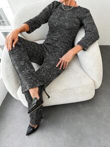 RueChic Marled Knit Crop Tee & Flare Leg Pants - Dark Grey - View 5