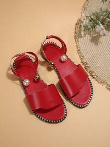情人节舒适仿珍珠带平底沙滩凉鞋 - 紅色 - 查看 5