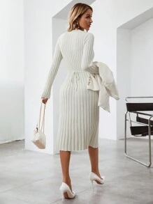 SHEIN LUNE Solid Ribbed Knit Sweater Dress - White - View 2