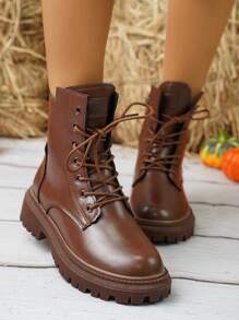 Botas Casuales De Moda Para Mujer Con Cordones - Color caoba - Ver 4