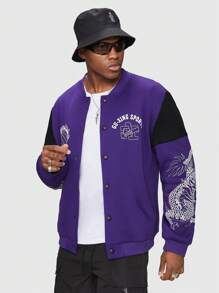 ROMWE MEN Prep Áo khoác bomber lót nhiệt hình con rồng và chữ cái - Màu tím - Xem 4