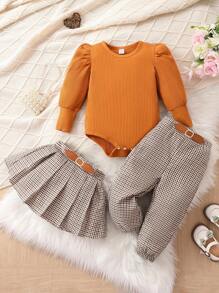 SHEIN Đứa bé gái Ống tay áo Áo liền quần chặt & In kẻ sọc Chi tiết nút buộc Quần & Váy - Nhiều màu - Xem 1