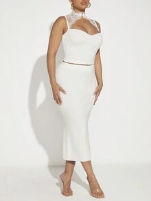 SHEIN SXY Solid Pencil Knit Skirt - White - View 5