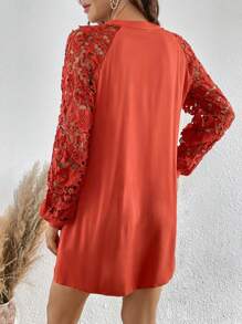 SHEIN LUNE Ren tương phản Tay áo lồng đèn Đầm Tunic - Đỏ - Xem 2