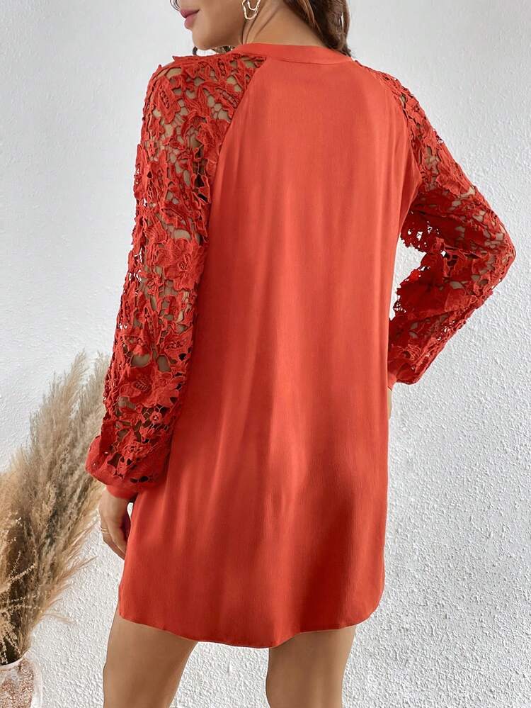 Contrast Lace Lantern Sleeve Tunic Dress