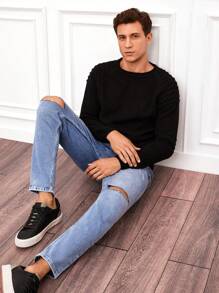 RueChic Men Ripped Straight Leg Jeans - Light Wash - View 5