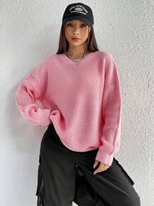 SHEIN Qutie Solid Drop Shoulder Waffle Knit Sweater - Pink - View 5