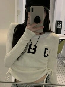 字母圖案側抽繩短款毛衣 - 白色 - 查看 4