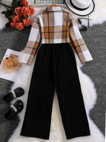 SHEIN Tween Girl Plaid Print Button Front Blouse & Cami Jumpsuit - Multicolor - View 2