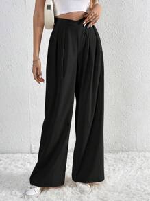 SHEIN Tall Pantalones de pierna ancha unicolor con bolsillo oblicuo - Negro - Ver 6